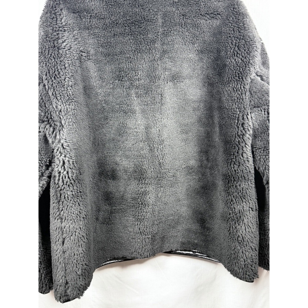 GAP Recycled Sherpa Vegan Leather Trim Jacket Womens L Black Cozy Coat - Picture 12 of 15